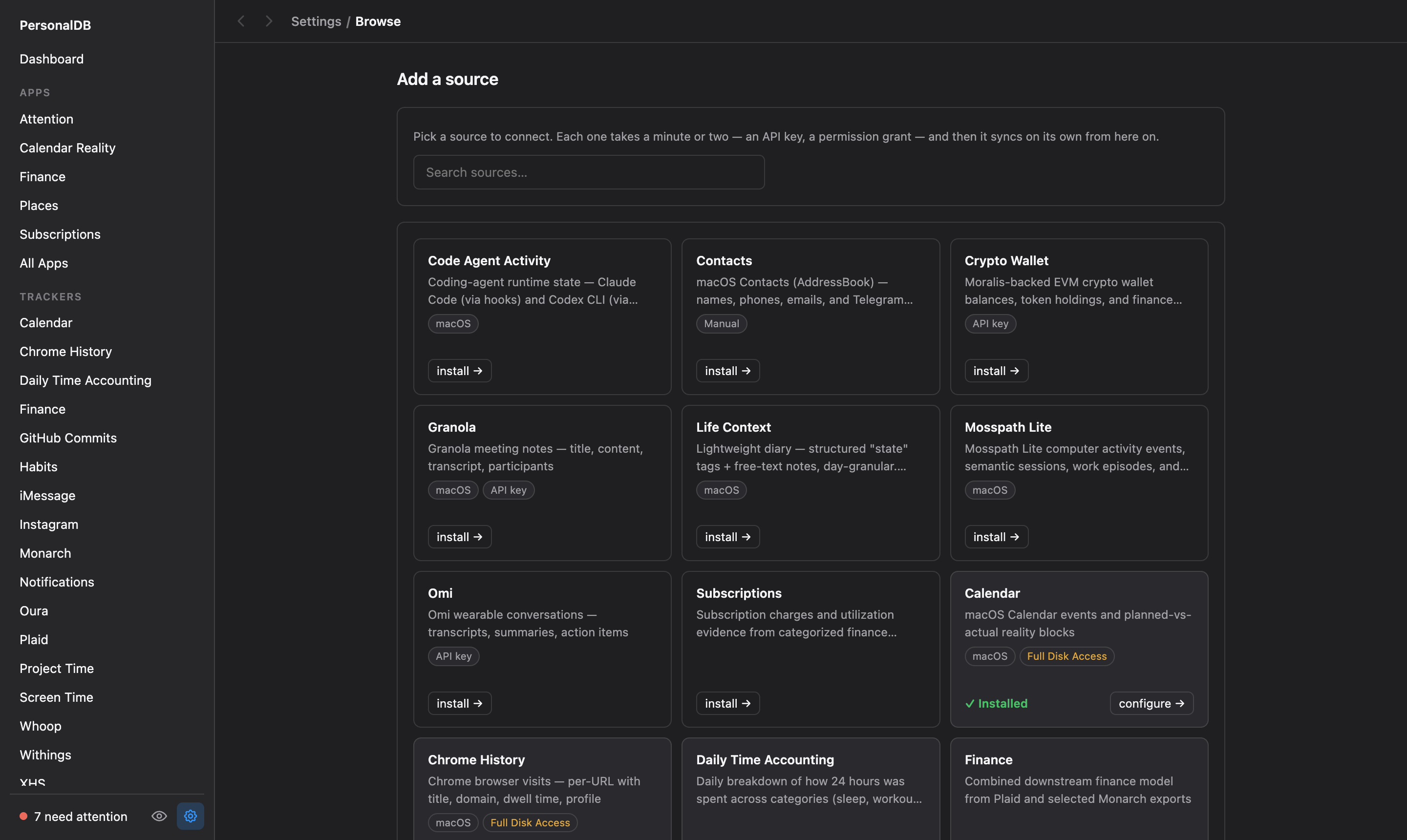 PersonalDB.app 'Add a source' view — searchable source cards with install buttons and permission badges.